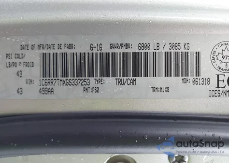 2016 Ram 1500 Slt из США, поврежденный, VIN 1C6RR7TMXGS337253